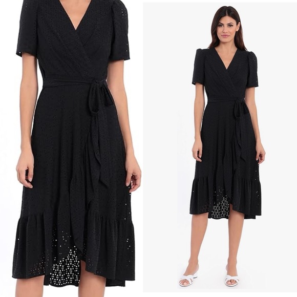 LONDON TIMES Womens Short Sleeve All Over Eyelet Ruffle Faux Wrap Dress 8 V Neck - Picture 1 of 14
